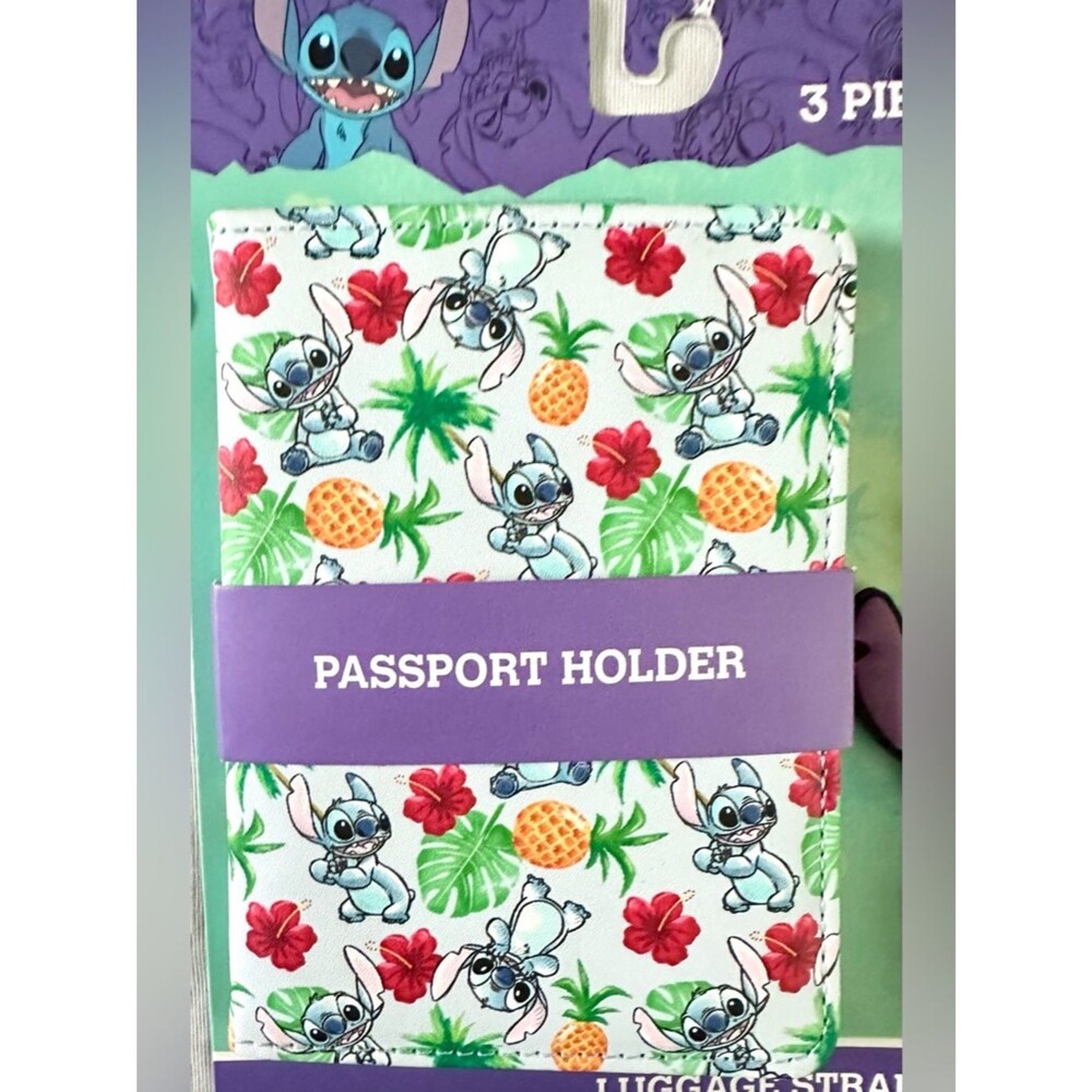 Disney Stitch 3-Piece Travel Set Passport Holder Luggage Tag Strap Tropical - Picture 3 of 5